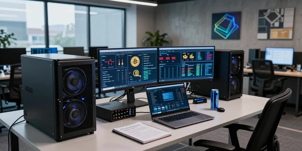 Bitcoin mining workspace with hardware setup, monitors showing hash rates and statistics, digital wallet and mining analytics