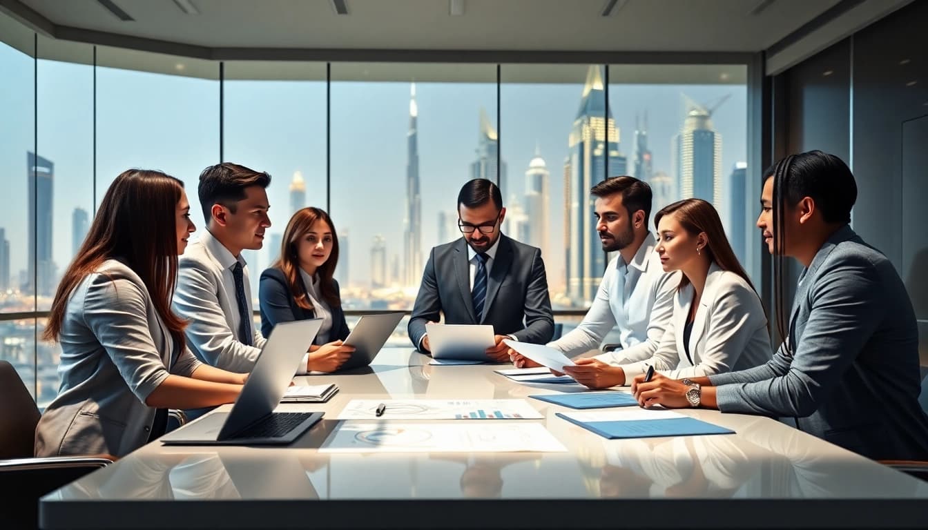 Dynamic meeting with business consultants in Dubai discussing strategies for growth.
