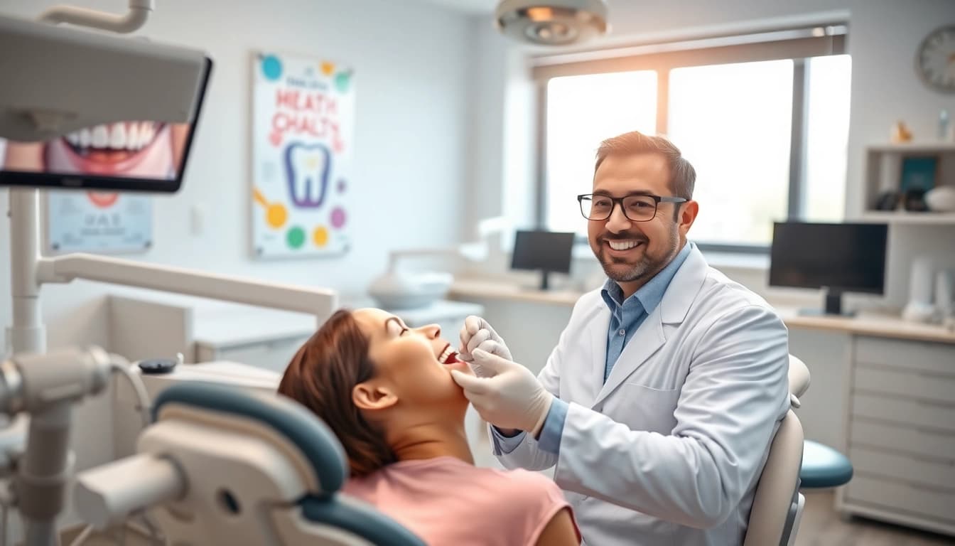 Dentist examining a patient in a modern dental office with high-tech equipment.