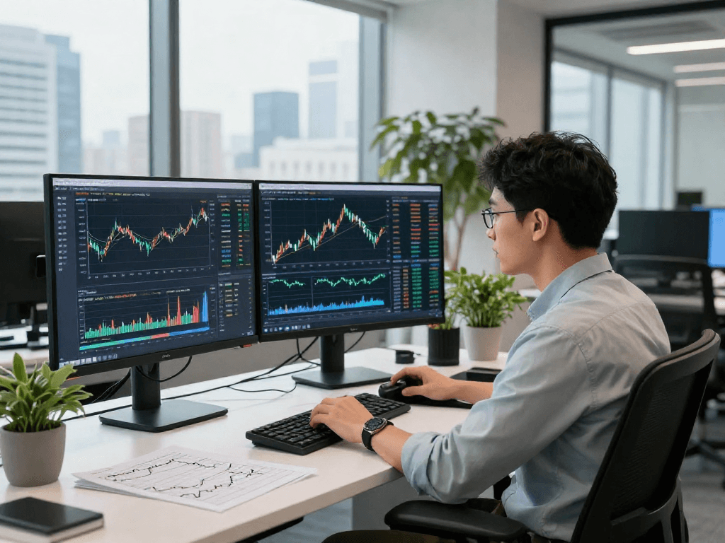 Copper futures historical data API analysis scene in a modern financial tech office, showcasing real-time trading and market insights.