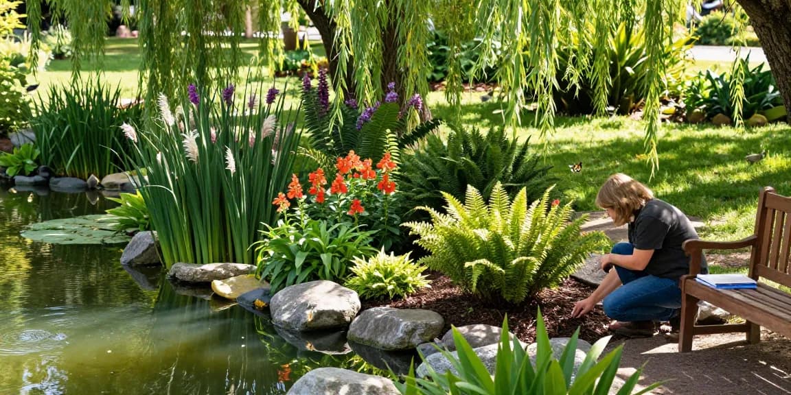 Marginal pond plants flourishing at garden pond, enhancing tranquility and beauty.