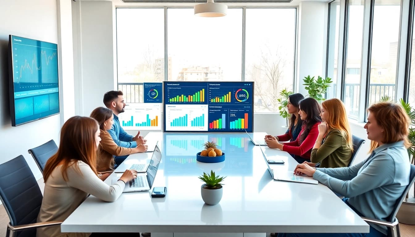 Analyze marketing KPIs and performance tracking with a collaborative team in a professional setting.
