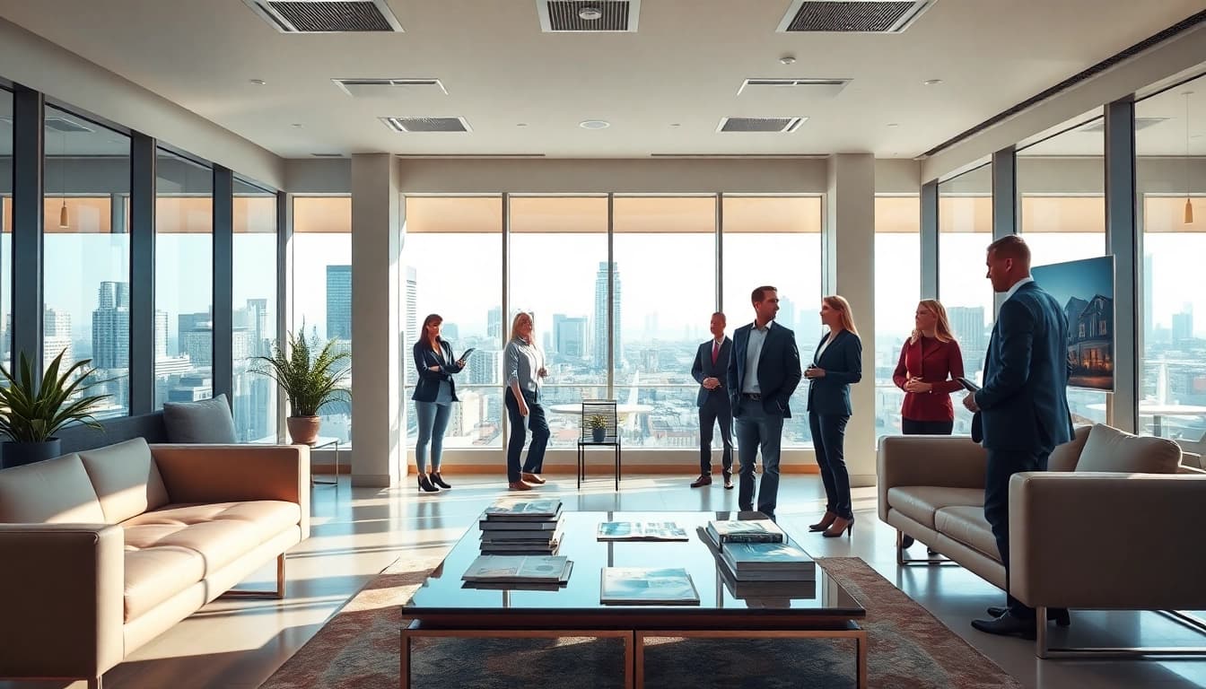 Real Estate agents discussing with clients in a modern office environment