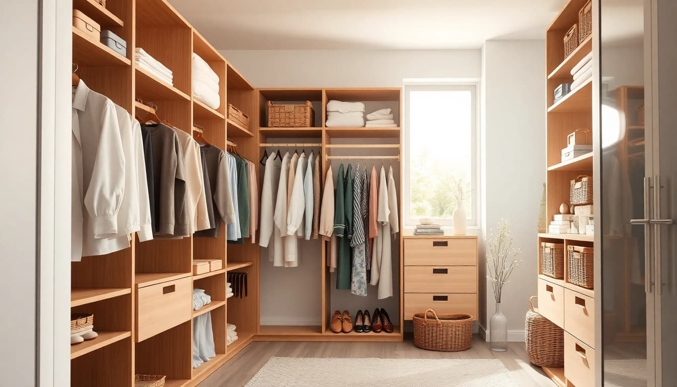 Enhance your closet organization with a stylish and efficient design showcasing neat storage solutions.