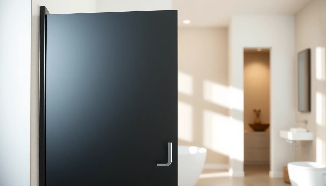 Showcasing a stylish black shower door highlighting its smooth finish and sleek design.