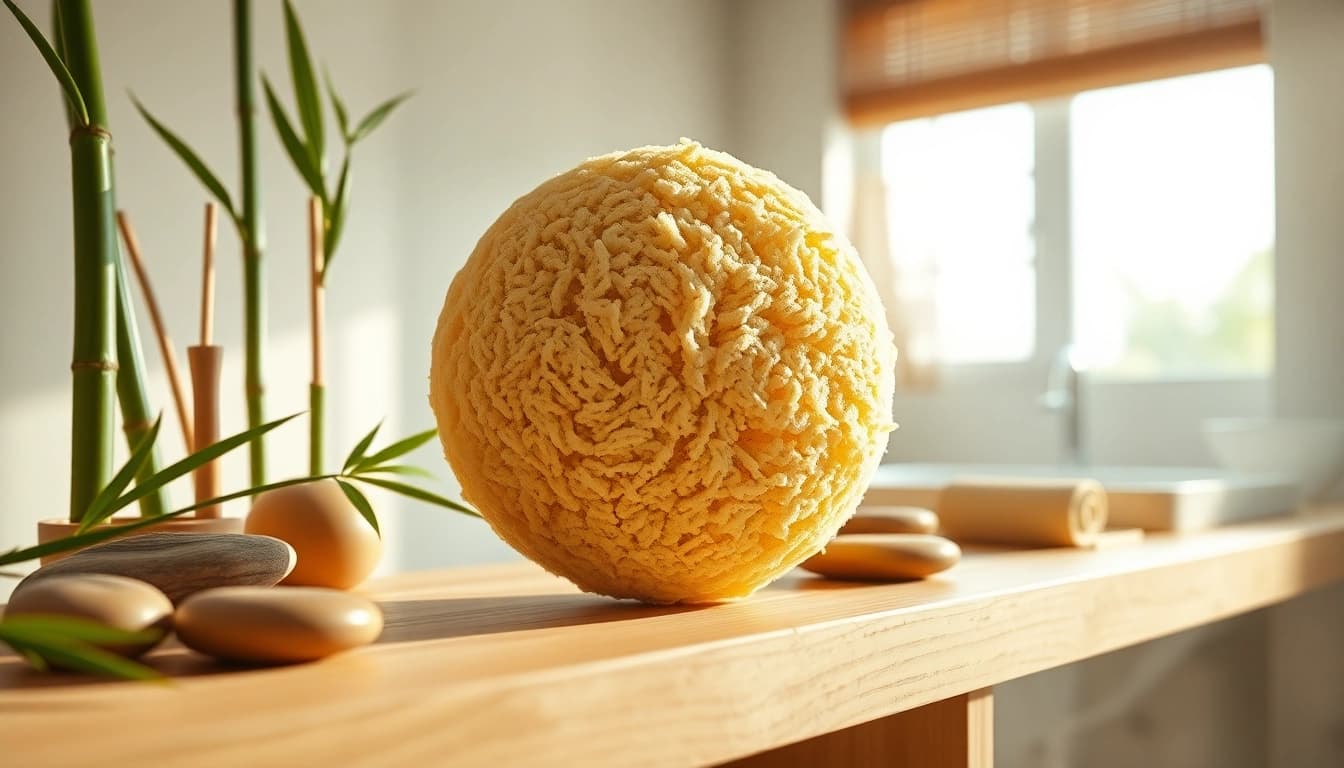 Exquisite raw loofah sponge showcasing its natural texture on a wooden shelf.