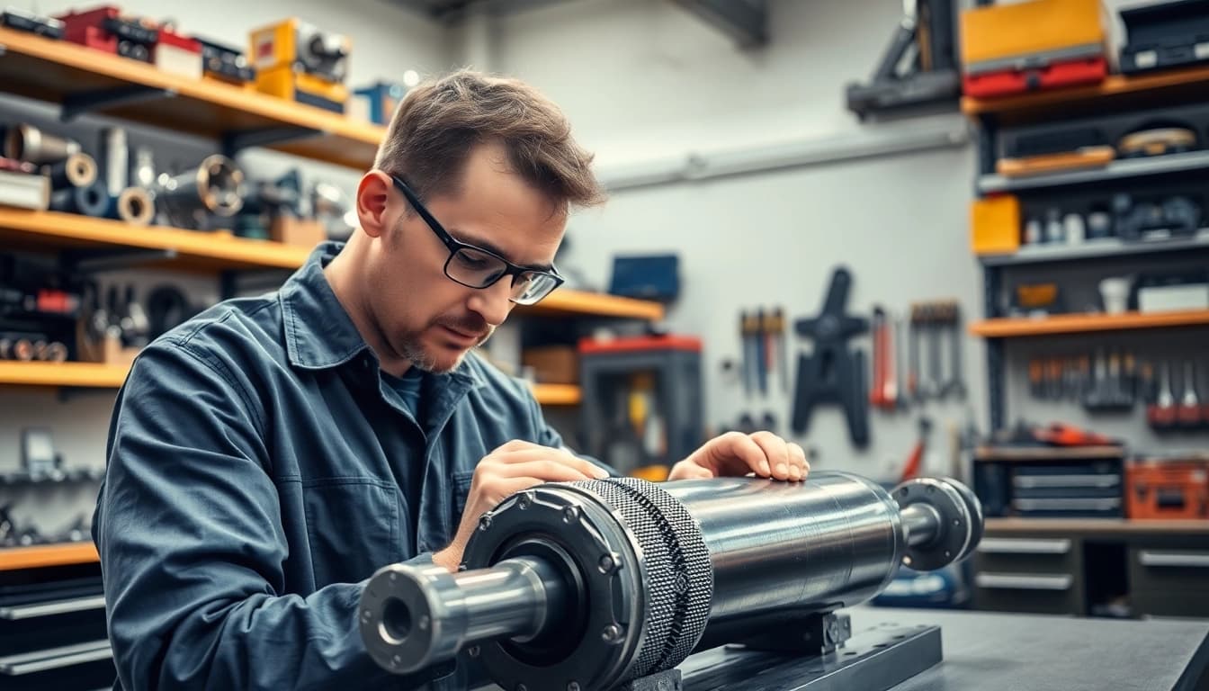 Expert performing hydraulic cylinder repair in a workshop, showcasing professionalism and focus.