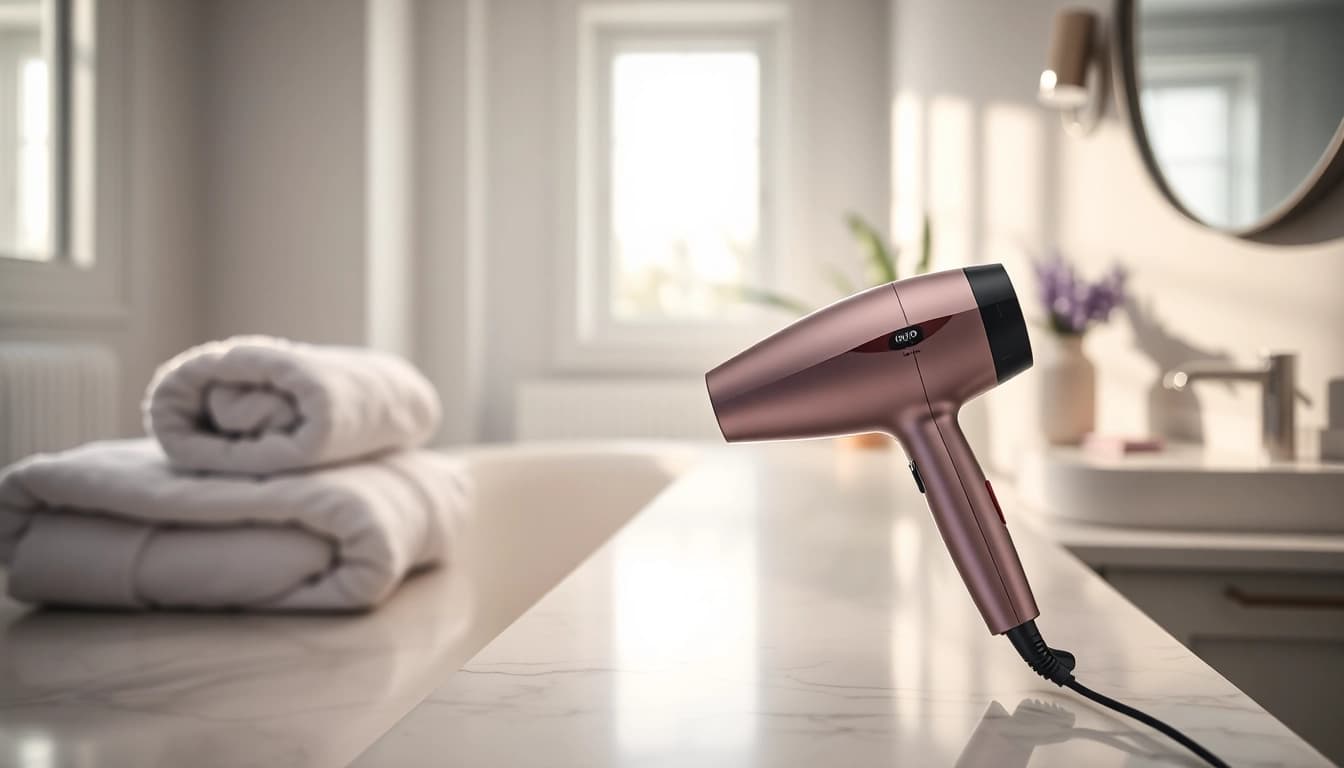 An elegant ionic hair dryer showcasing its sleek design and features on a marble bathroom countertop.