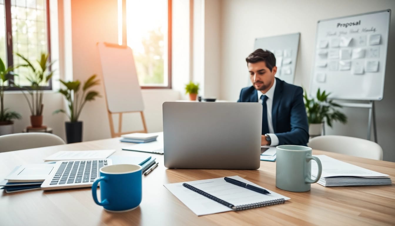 Engaging proposal writing and management workspace showcasing professionalism and organization.