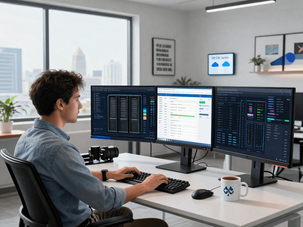 Optimized VPS Hosting en México setup with IT professional managing multiple servers in a modern workspace