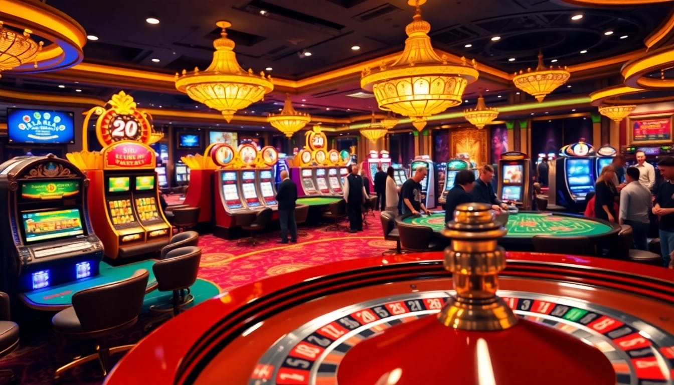 Players enjoying games at rajatoto88 casino, featuring vibrant slot machines and poker tables.