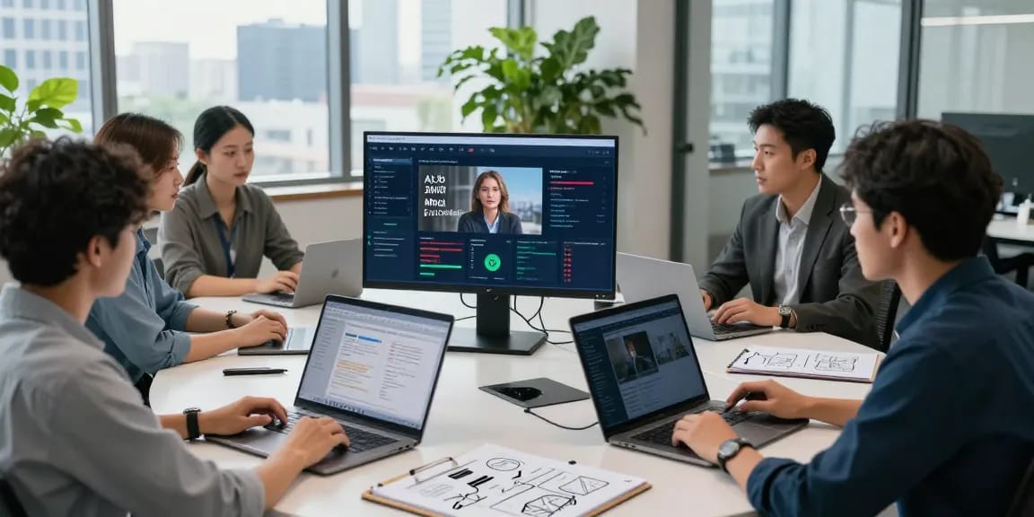 Team collaborating in a tech workspace utilizing an ai detector for content moderation.