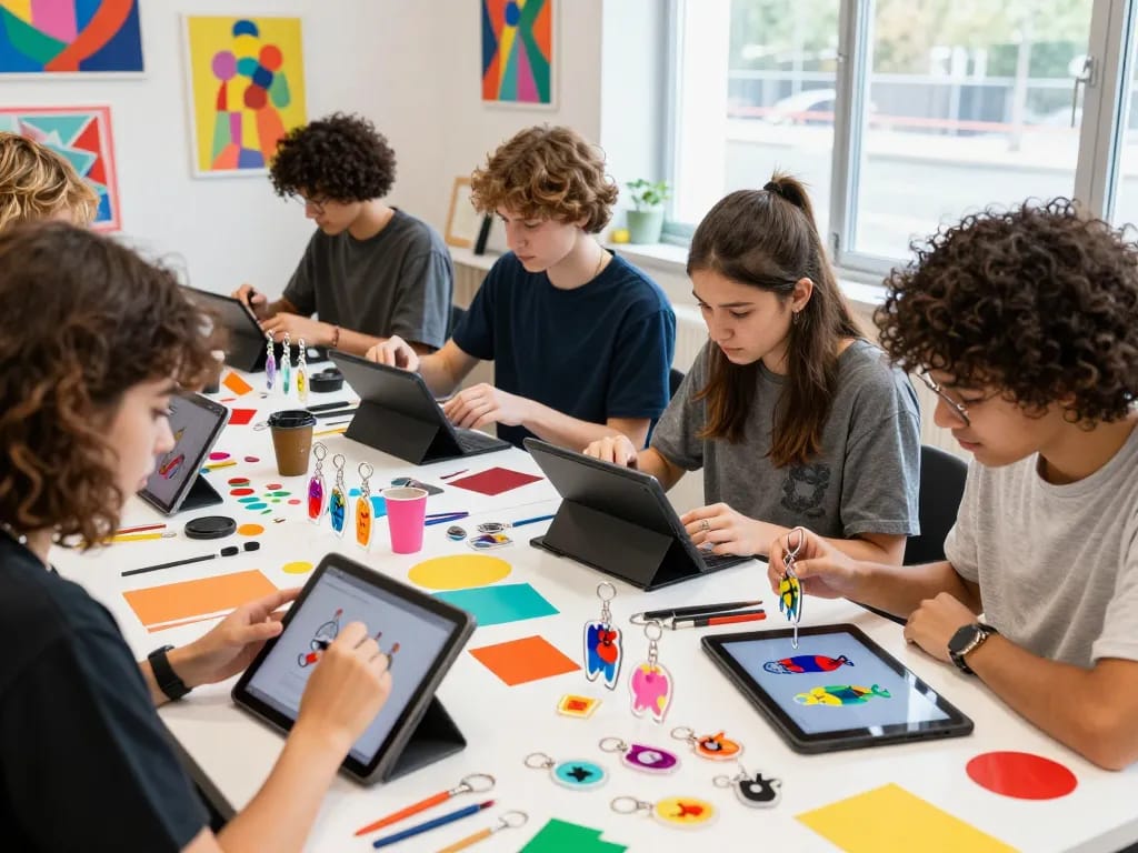 Creative collaboration on custom acrylic keychains showcasing vibrant designs and materials in an inspiring studio.