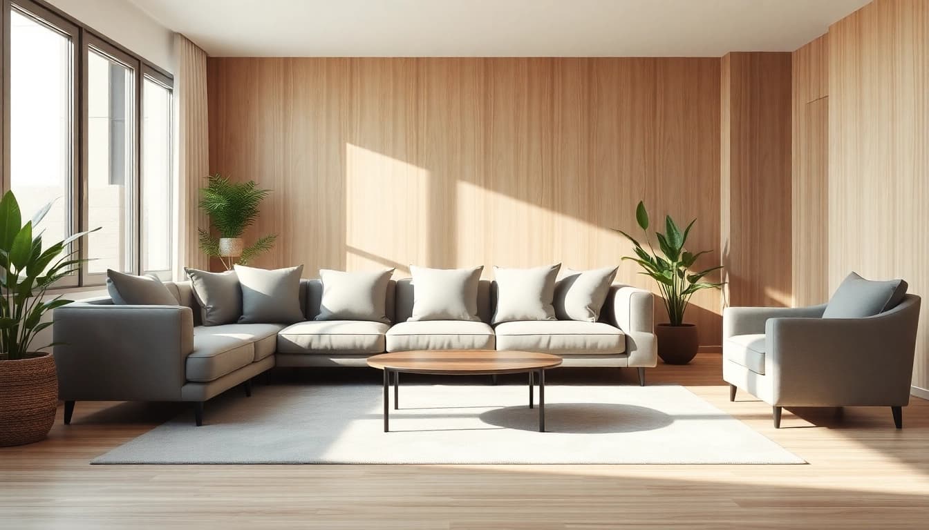 Seamless Living in a modern minimalist living room, featuring natural light and elegant design elements.