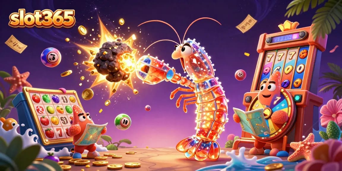 Experience thrilling wins at slot365 with a dynamic scene of a galactic shrimp and starfish in a rich casino setting.