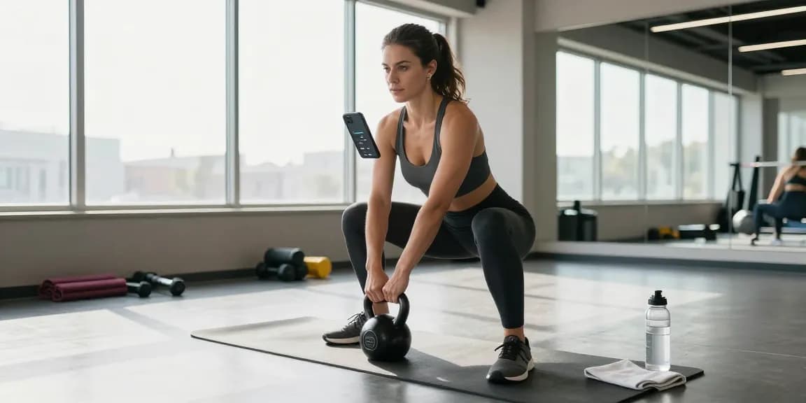 Athletic woman tracking nutrition with the best AI macro tracker during her kettlebell workout in a modern gym.