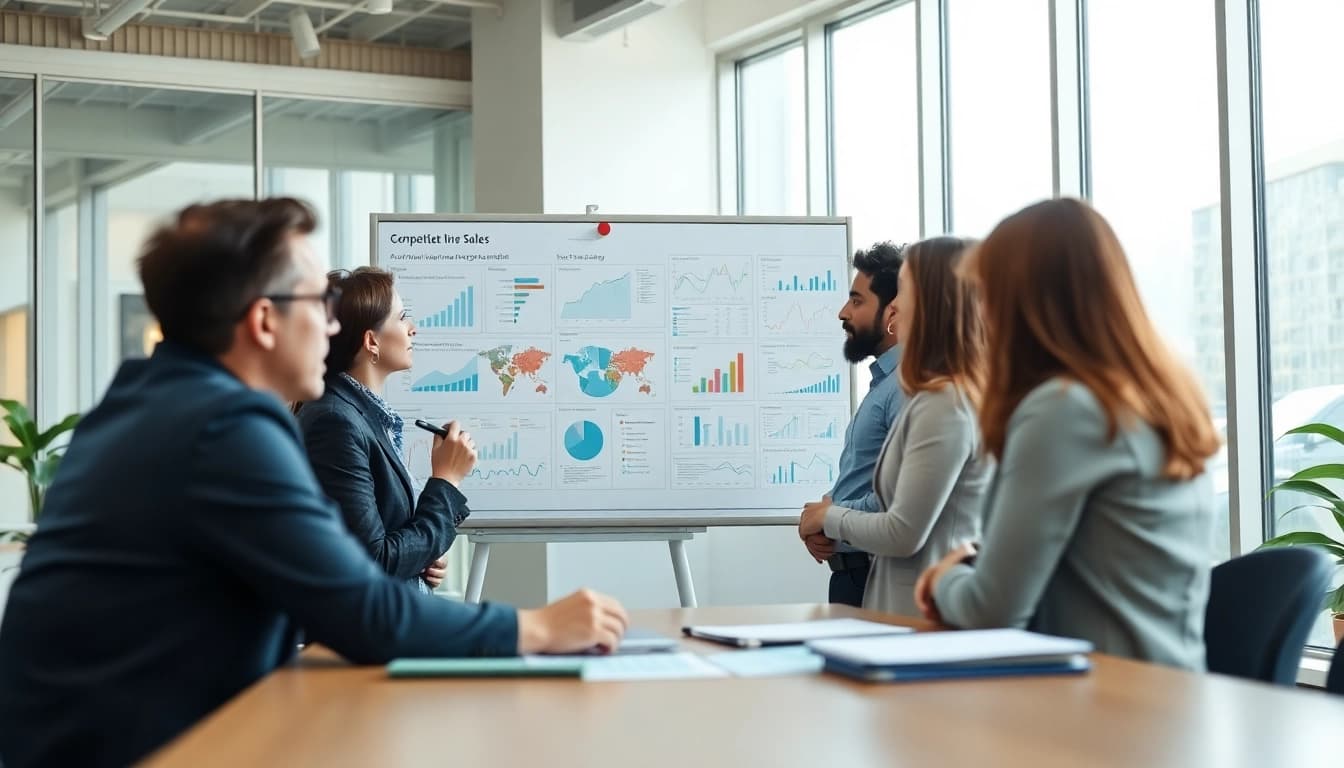 Team analyzing competitive intelligence for sales strategies in a modern office environment.