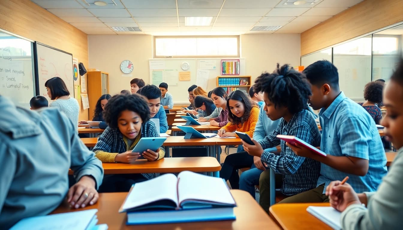 Engaging classroom scene showcasing education innovation and equity with diverse students in a collaborative learning environment.