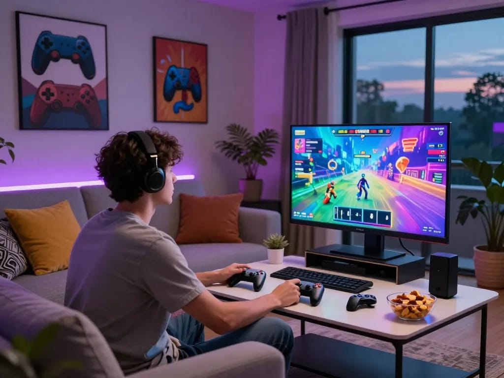 Engaging scene of a casual gamer enjoying online porn games in a cozy living room.