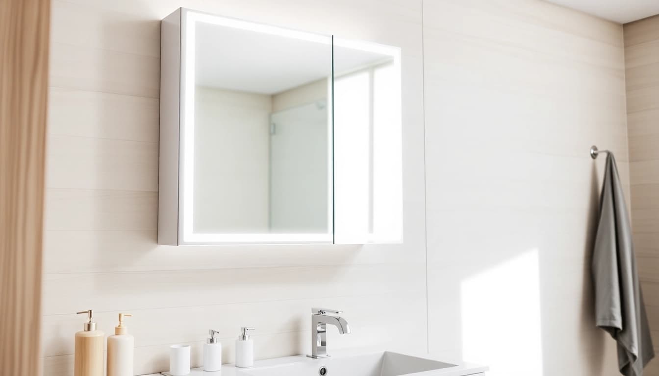 Spiegelschrank mit LED Beleuchtung in modernem Badezimmer, strahlt Eleganz und Funktionalität aus.