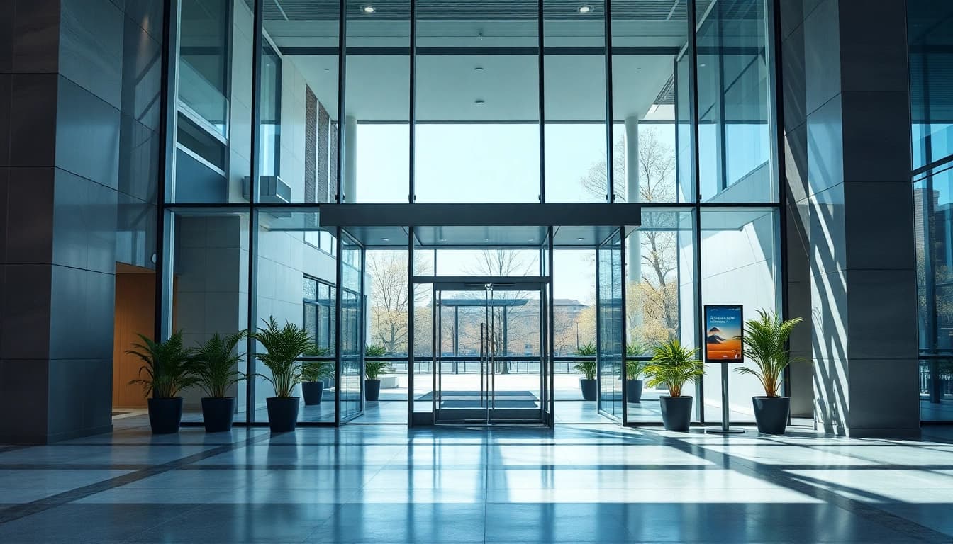 Showcase of Evolution Entrance Systems in a modern building entryway with glass features.