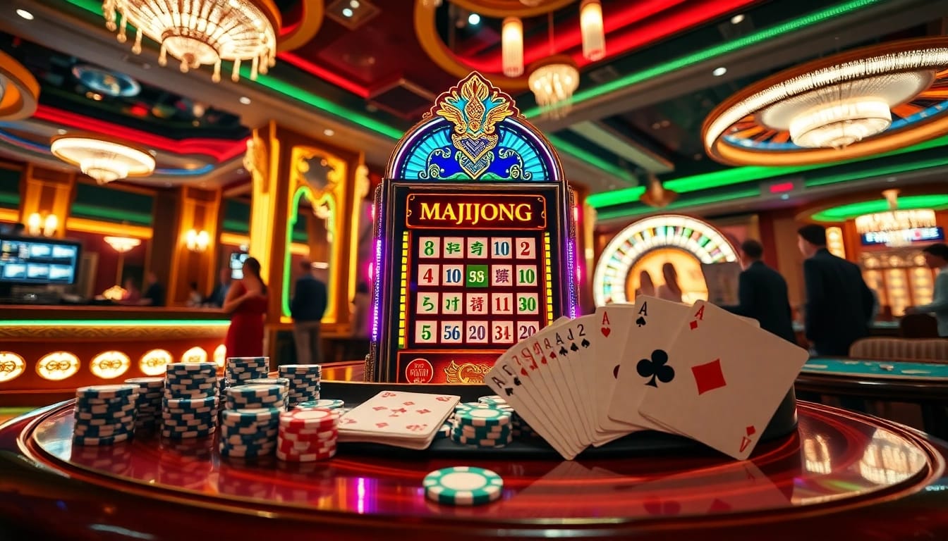 Experience the thrill of slot demo mahjong at a luxurious casino featuring vibrant visuals and excited players.