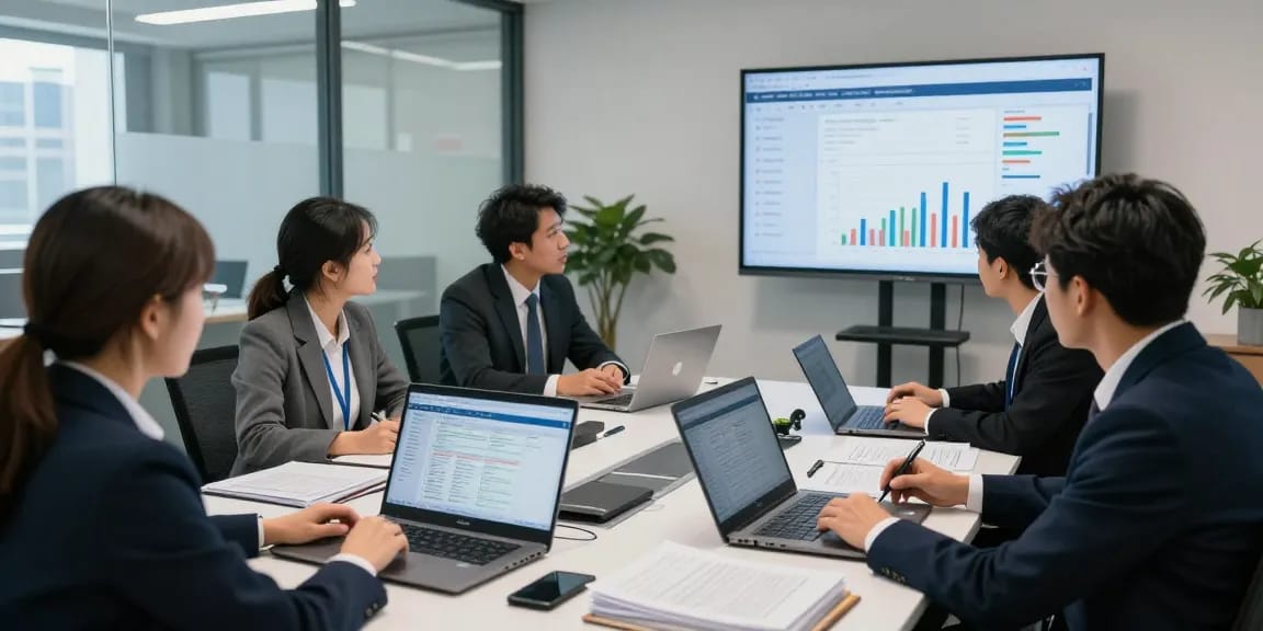 Tim auditor forensik profesional berdiskusi di aafikotabandungb.org tentang analisis data di ruang kantor yang modern.