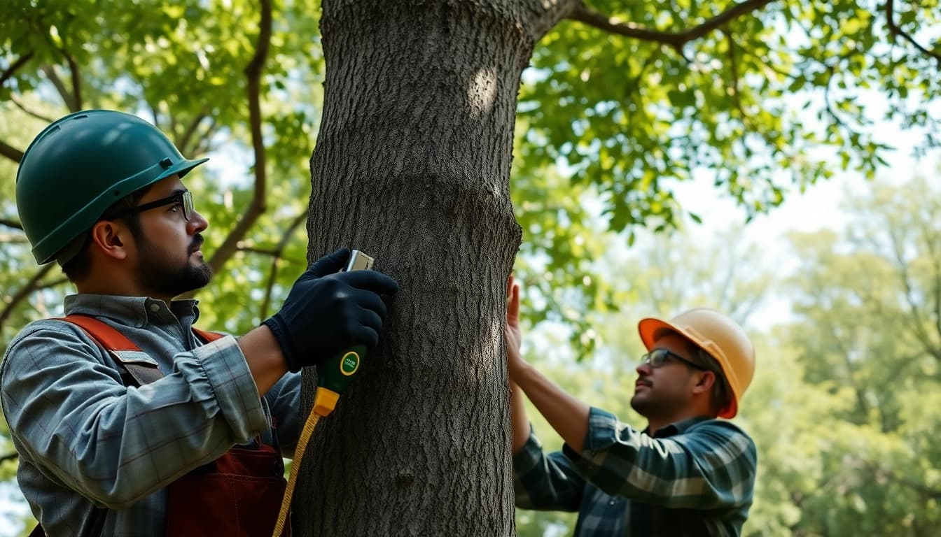 Black Mountain Tree Consultancy arborist examining vibrant trees in a green park, showcasing expertise.