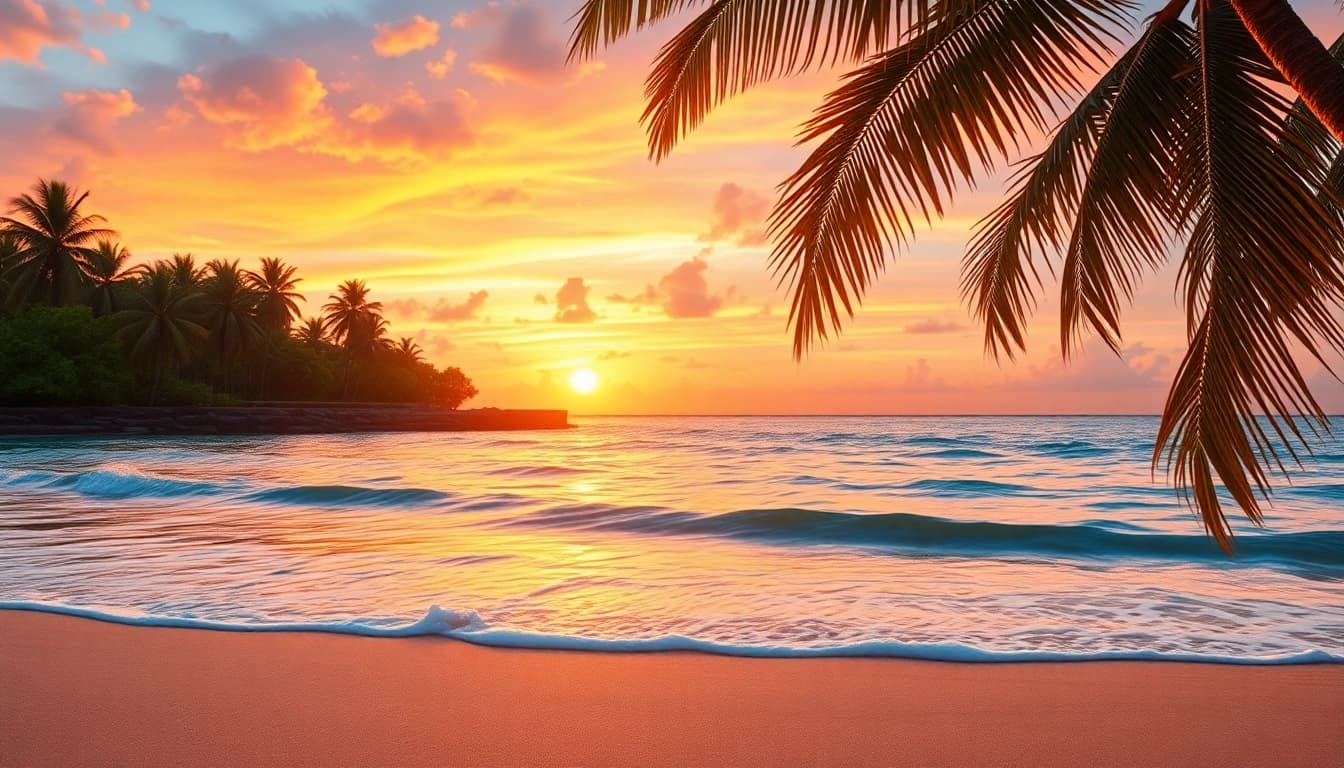 Bright island light illuminating a serene beach at sunset, creating a warm and inviting atmosphere.