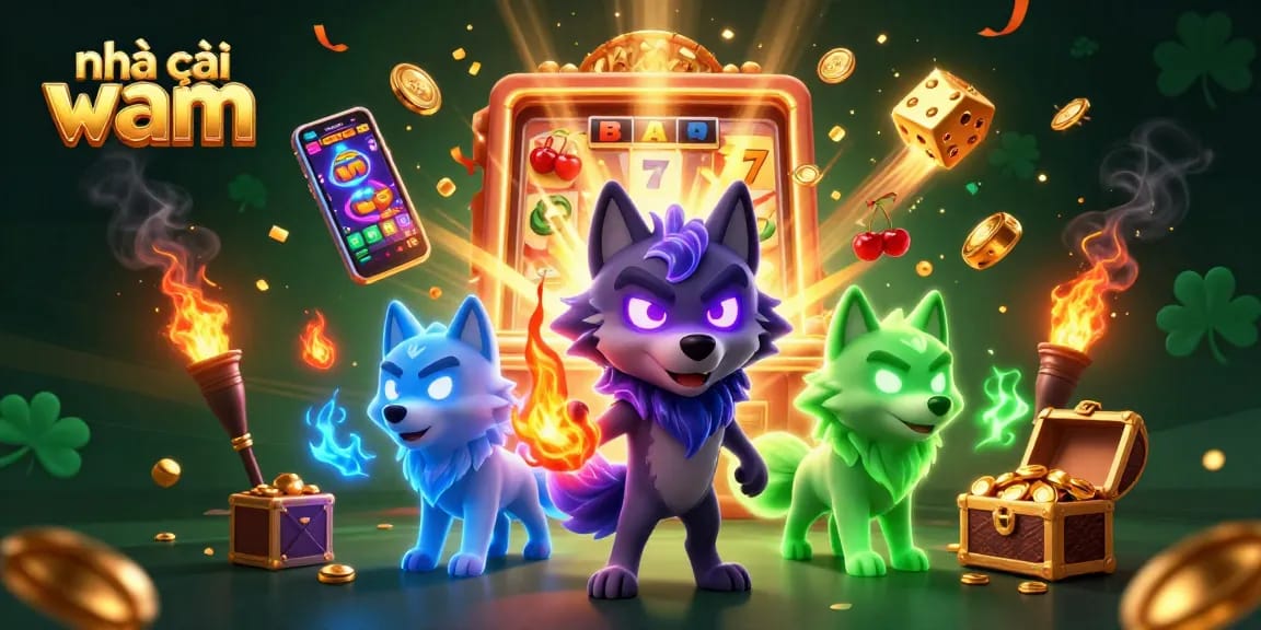Play at nhà cái vmax, featuring a leader wolf beside ghostly companions, surrounded by explosive casino elements.