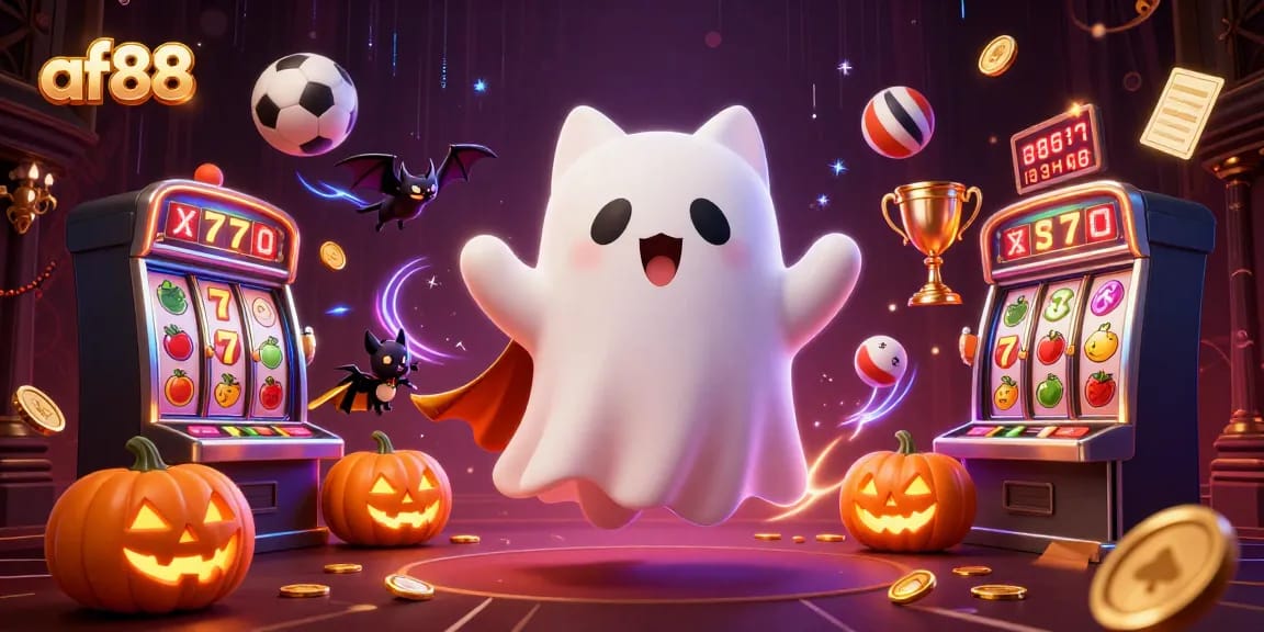 Experience af88's thrilling world of slots and jackpots with a friendly ghost cat and festive elements.
