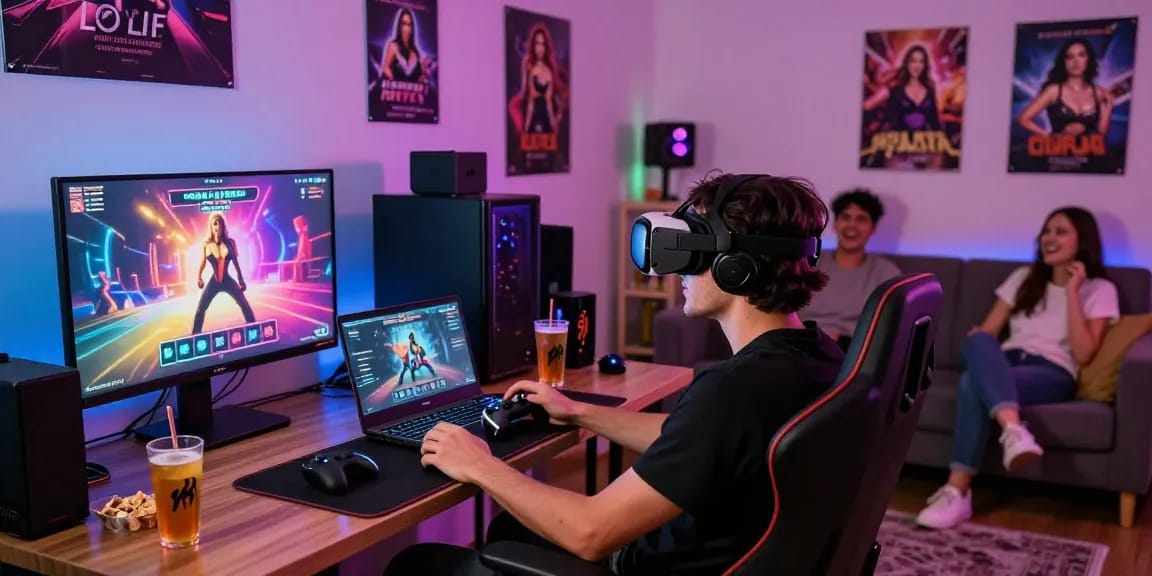 Exciting scene of a person playing html porn games in a dynamic gaming room.
