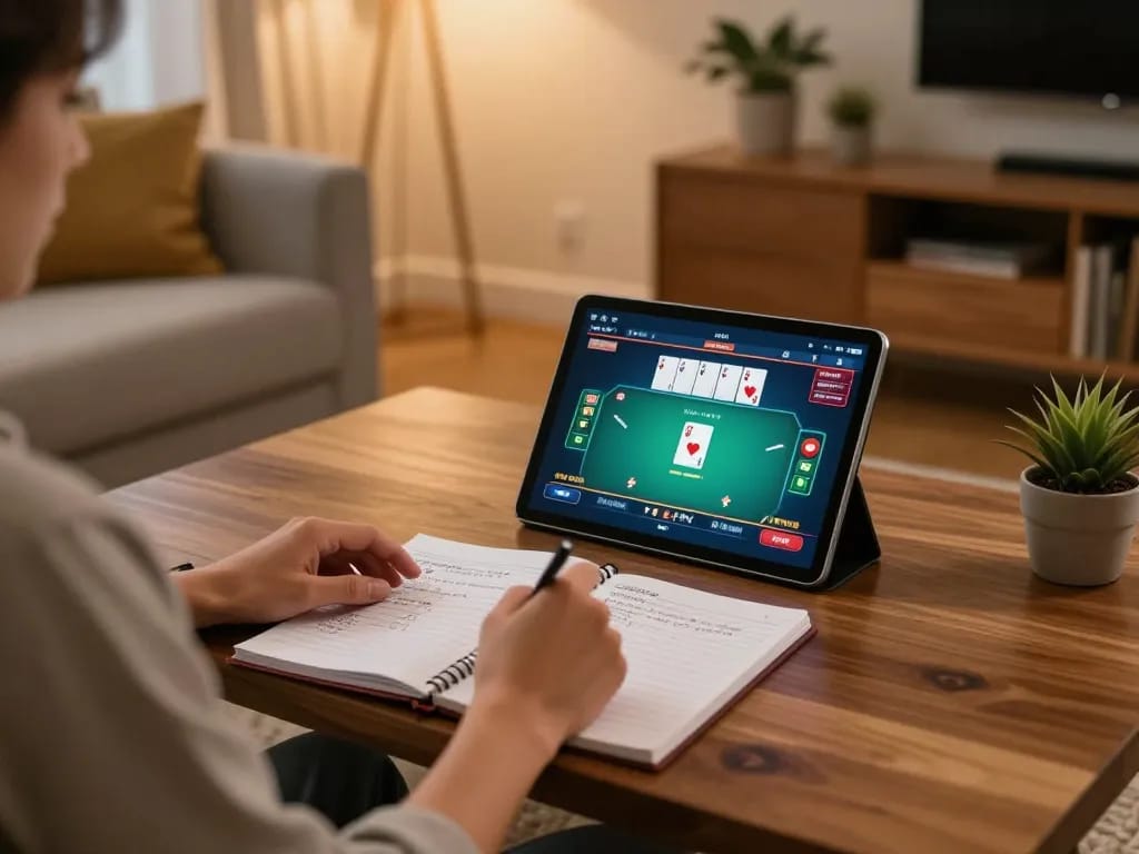 Engaging with lista casino online non aams during an online poker game at home, showcasing strategy notes and casual setup.