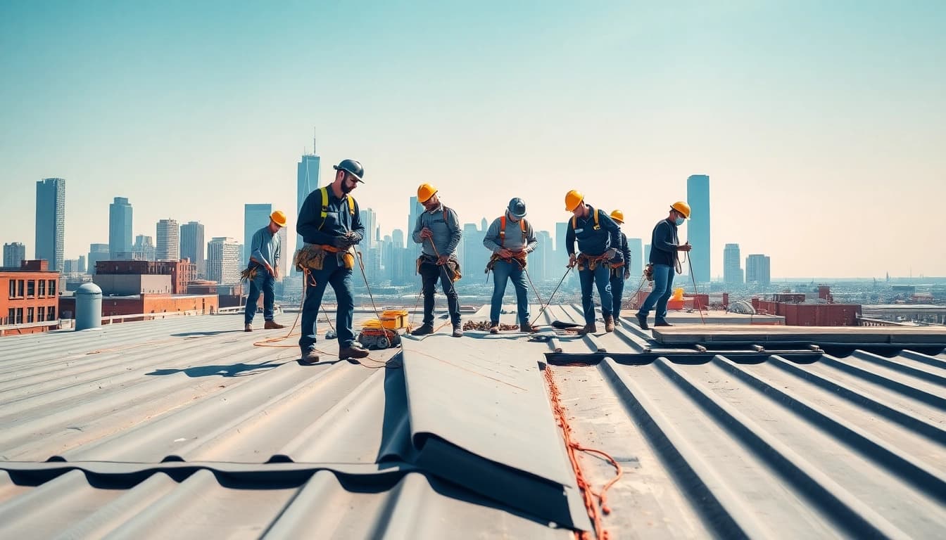Team providing commercial roofing services performing installation on a city rooftop with tools and materials.