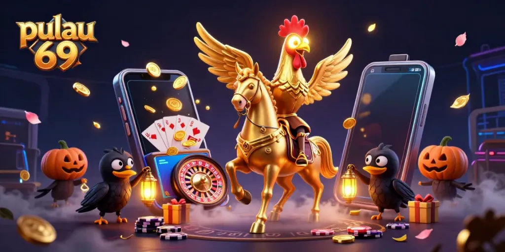 Experience the magic of pulau 69 in a vibrant casino scene with golden rooster and lanterns.