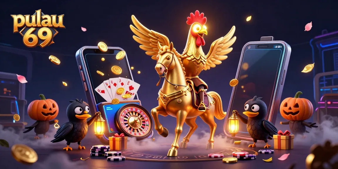 Experience the magic of pulau 69 in a vibrant casino scene with golden rooster and lanterns.