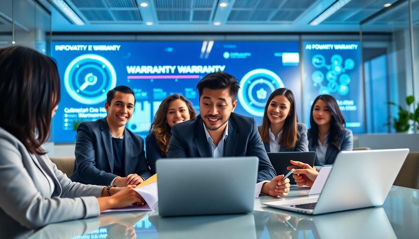 Illustration of an AI powered warranty company team collaborating in an innovative office.