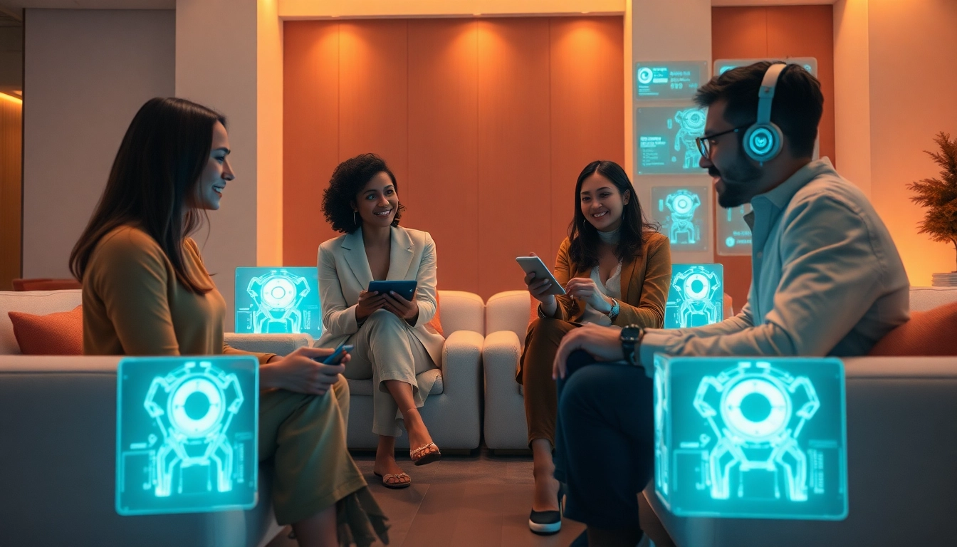 Engaging AI sex technology interaction showcasing diverse users with advanced devices.