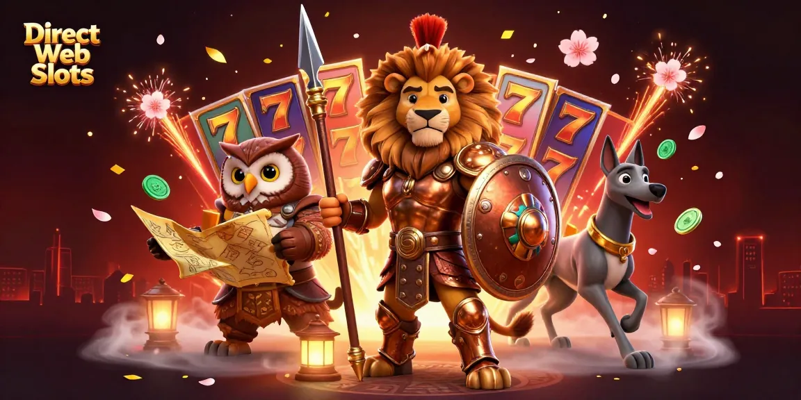 Experience Direct Web Slots with Spartan lion, tactical owl, and greyhound amid vibrant casino elements.