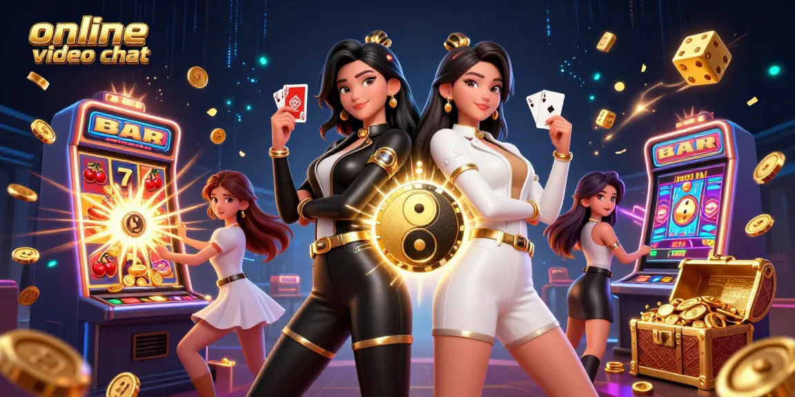 Engage in online video chat with stunning twin Asian women surrounded by gambling excitement.