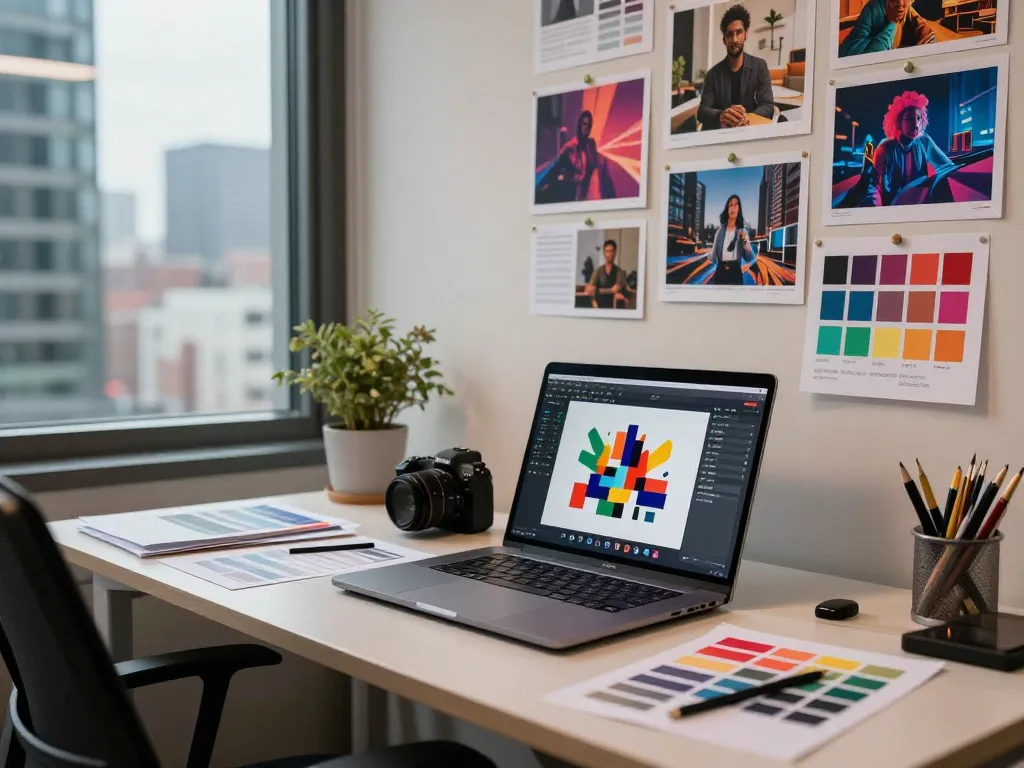 Easily utilize the image to prompt generator in a vibrant designer's workspace filled with creative elements.