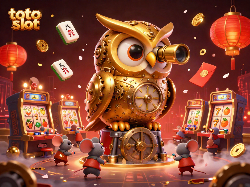 Engage with the captivating toto slot scene featuring a golden owl, vibrant slot machines, and festive elements.