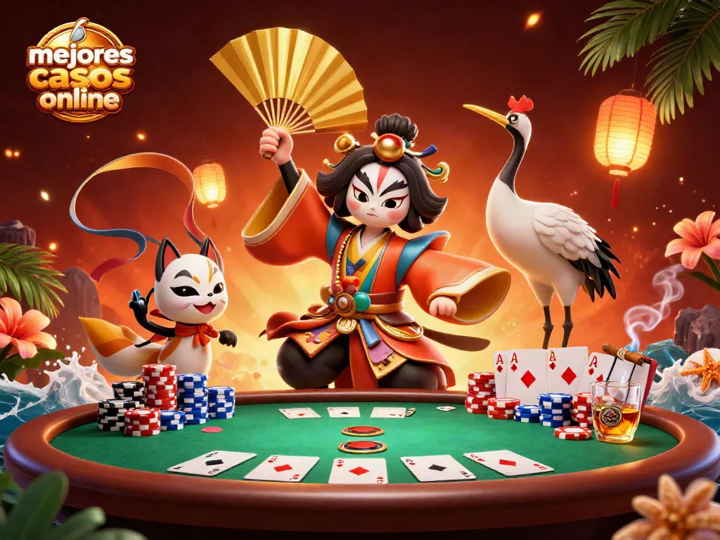 La ilustración muestra los mejores casinos online con personajes vibrantes rodeados de elementos de juego dinámicos.