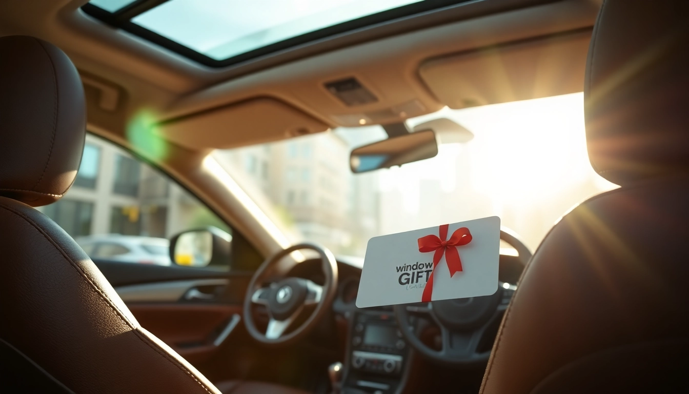 Giving a window tint gift card that enhances vehicles, beautifully presented in a luxurious car interior.