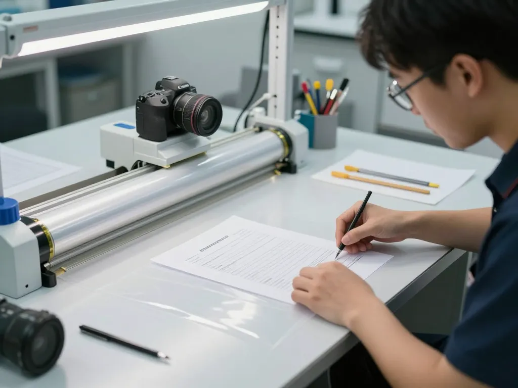 Expert technician performing dịch vụ bóc ép plastic on important documents in a clean, organized workspace