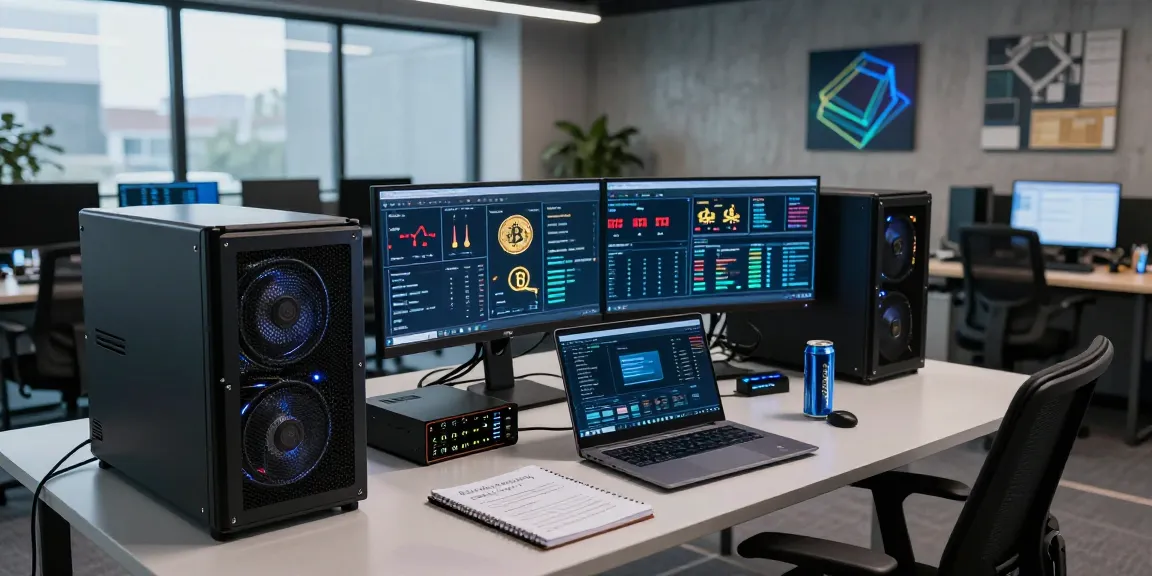 Bitcoin mining workspace with hardware setup, monitors showing hash rates and statistics, digital wallet and mining analytics