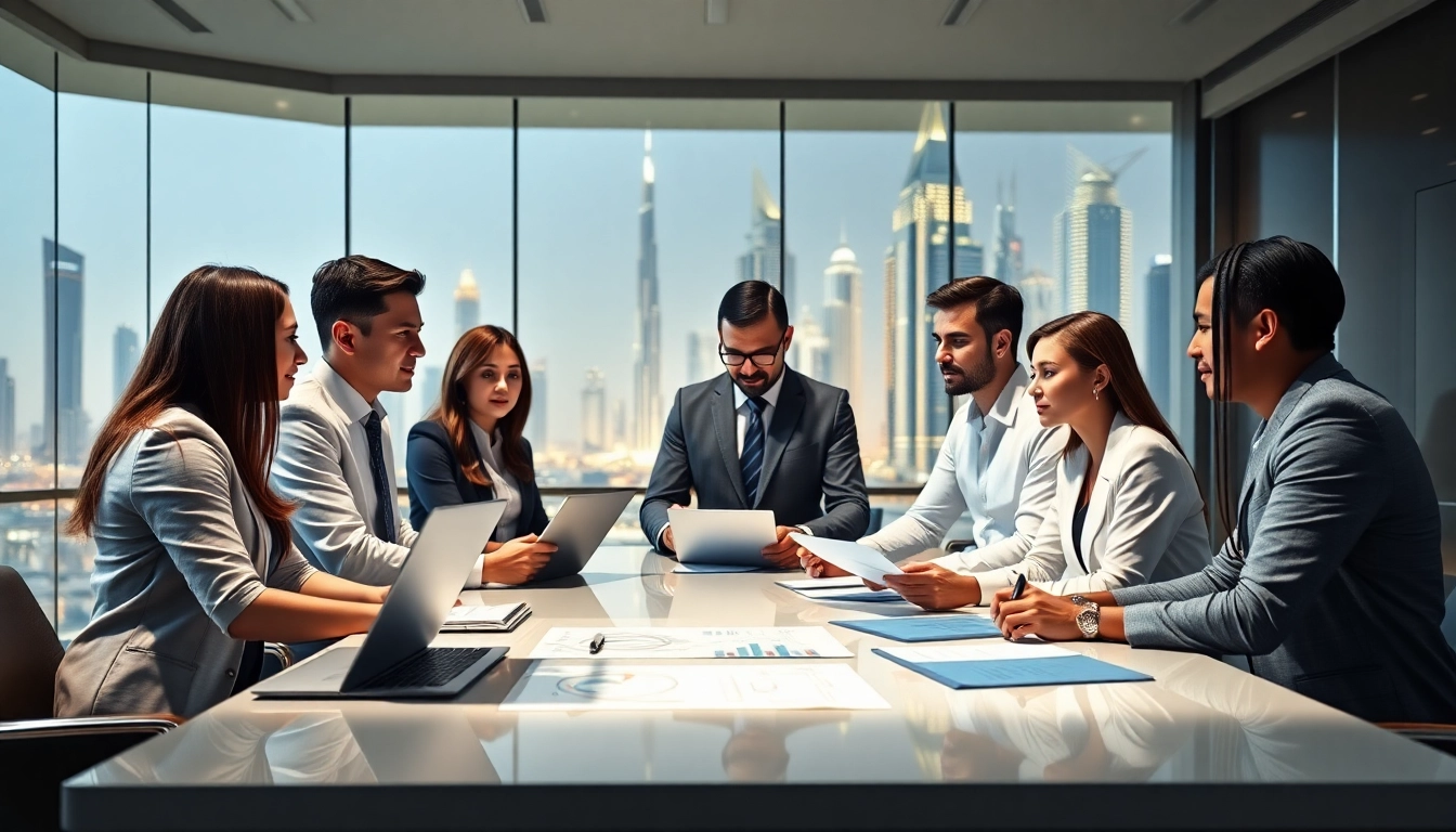 Dynamic meeting with business consultants in Dubai discussing strategies for growth.