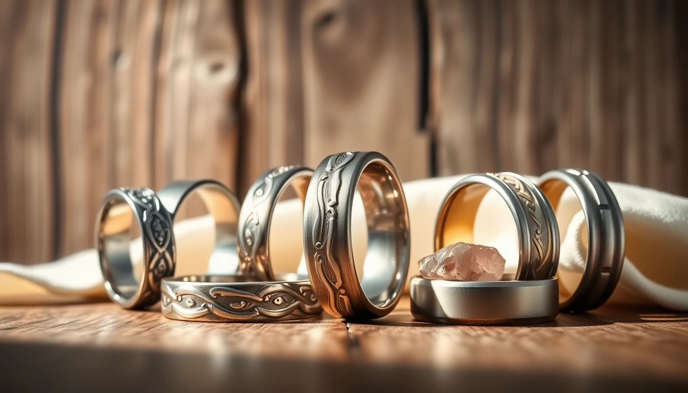 Tungsten rings with intricate designs displayed beautifully against a textured wooden backdrop.
