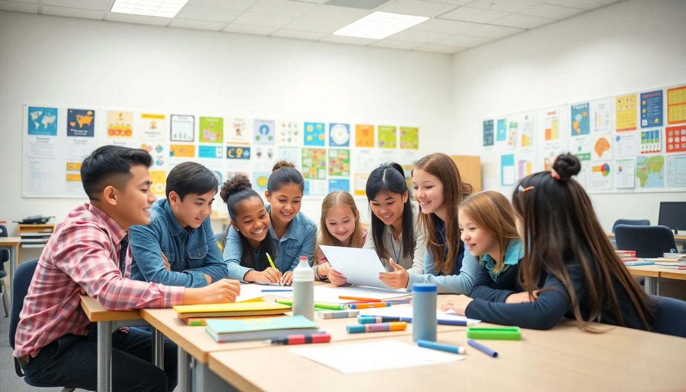 Engaged students in a colorful classroom enhancing their Education through interactive activities.