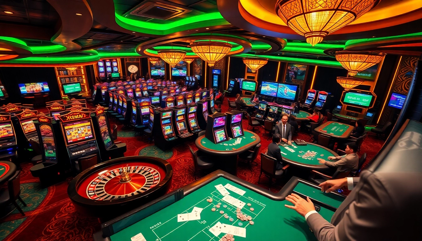 XSMB247 betting excitement with poker tables and live roulette in a luxurious casino.